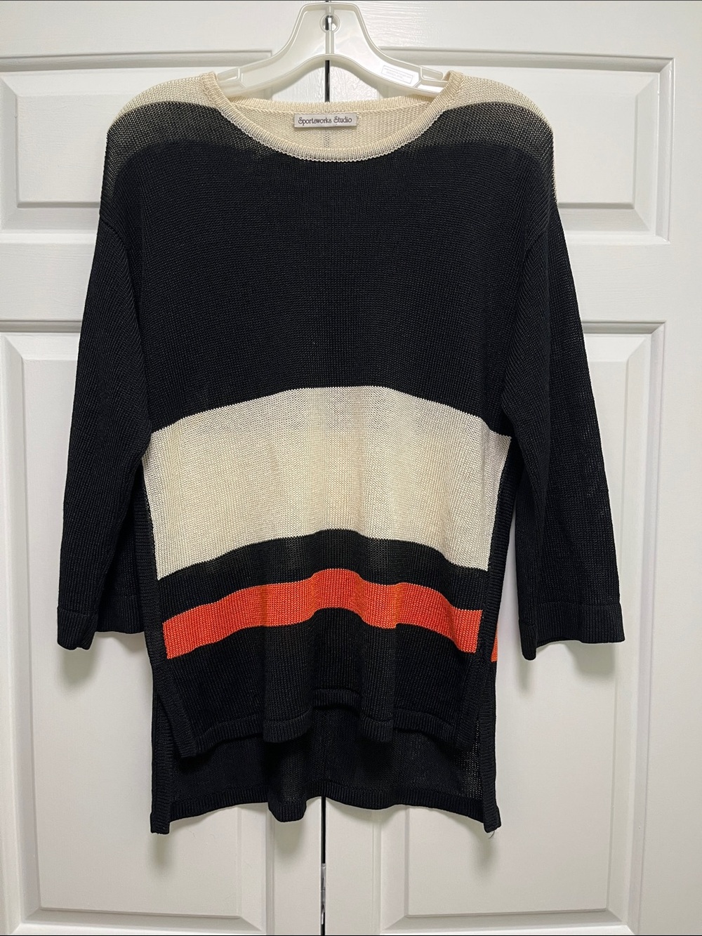 Sportsworks Studio Women’s Small Black/Cream/Orange Striped Crewneck Sweater